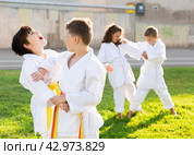 Tweens mastering karate techniques in pairs on green lawn. Стоковое фото, фотограф Яков Филимонов / Фотобанк Лори