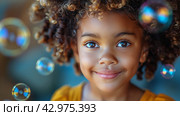 Little Girl With Braids and Bubbles in Her Hair. Стоковое AI-изображение, AI-художник Юлия Гапеенко / Фотобанк Лори