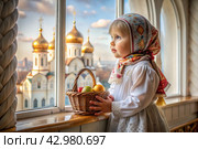 Happy bright Easter. Christianity. Portrait of a three-year-old girl in a Russian folk dress and shawl with a wicker basket with Easter eggs in her hands against the background of an Orthodox church. Стоковое AI-изображение, AI-художник Photojuli / Фотобанк Лори