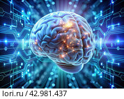Digital technologies of the future. Artificial intelligence. The brain and digital codes on a virtual screen. The image was created using artificial intelligence. Стоковое AI-изображение, AI-художник Photojuli / Фотобанк Лори