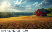 A quaint red cabin nestles in a sea of bright sunflowers, with a rustic wooden fence leading the way under. Стоковое AI-изображение, AI-художник Юлия Гапеенко / Фотобанк Лори