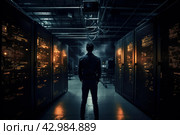 Person standing in front of dark server room. Generate ai. Стоковое AI-изображение, AI-художник Иван Рябоконь / Фотобанк Лори