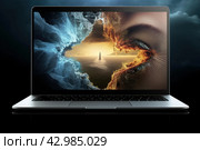 Sleek Photo of open laptop screen on black surface. Generate ai. Стоковое AI-изображение, AI-художник Иван Рябоконь / Фотобанк Лори