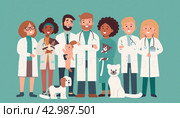 Vets in outerwear standing with dog, smiling and gesturing. Стоковое AI-изображение, AI-художник Юрий Поздников / Фотобанк Лори