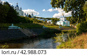 Ку́рская Коренна́я пу́стынь, река Тускарь, купальня. Церковь живоносный источник, и собор Рождества Пресвятой Богородицы. Курская область. деревня Свобода. Россия. Стоковое фото, фотограф Александр Пеньков / Фотобанк Лори