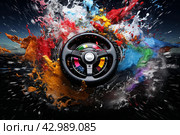 Racing wheel color splash. Generate Ai. Стоковое AI-изображение, AI-художник Иван Рябоконь / Фотобанк Лори