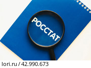 Российская статистика. Блокнот Росстат и лупа. Население России. Russian statistics. Rosstat notebook and magnifying glass. Population of Russia. (2024 год). Стоковое фото, фотограф Ольга Митряева / Фотобанк Лори