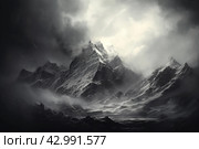 Dramatic Monochrome art of moon in mountain hills. Generate ai. Стоковое AI-изображение, AI-художник Иван Рябоконь / Фотобанк Лори