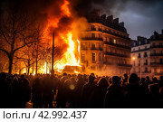 Paris demonstration fire. Generate Ai. Стоковое AI-изображение, AI-художник Иван Рябоконь / Фотобанк Лори