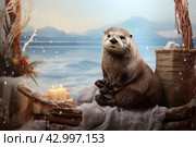 Aquatic Otter animal background. Generate Ai. Стоковое AI-изображение, AI-художник Иван Рябоконь / Фотобанк Лори