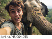 Intimidating Scared man photo with elephant. Generate Ai. Стоковое AI-изображение, AI-художник Иван Рябоконь / Фотобанк Лори
