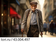 Resilient Senior man with walking cane. Generate ai. Стоковое AI-изображение, AI-художник Иван Рябоконь / Фотобанк Лори