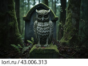 Eerie Owl on cemetery gravestone in darkness. Generate ai. Стоковое AI-изображение, AI-художник Иван Рябоконь / Фотобанк Лори