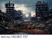 Crumbled Destroyed city buildings. Generate AI. Стоковое AI-изображение, AI-художник Иван Рябоконь / Фотобанк Лори