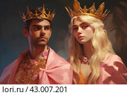 Devoted Princess with crown with her prince. Generate ai. Стоковое AI-изображение, AI-художник Иван Рябоконь / Фотобанк Лори
