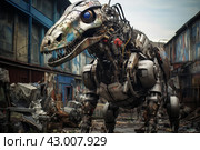Intricate Robotic dinosaur urban street square. Generate Ai. Стоковое AI-изображение, AI-художник Иван Рябоконь / Фотобанк Лори