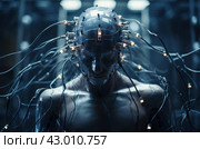 Revolutionary Man with brain electrodes futuristic helmet. Generate ai. Стоковое AI-изображение, AI-художник Иван Рябоконь / Фотобанк Лори