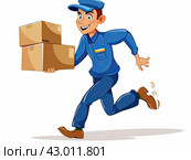 The courier is a man jumping with a cardboard box, the concept of packaging for shipment. Стоковое AI-изображение, AI-художник Ярославский Максим / Фотобанк Лори