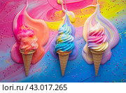 Swirled soft serve ice cream cones. Стоковое AI-изображение, AI-художник Данил Руденко / Фотобанк Лори