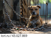 Abused dog locked in chains. Generate ai. Стоковое AI-изображение, AI-художник Иван Рябоконь / Фотобанк Лори