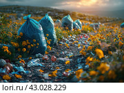 Plastic Bags With Garbage. Piles of garbage in the forest, random dumping in nature. Stink heap, plastic bag and bottles, rubbish in polluted green grass of nature landscape background human pollution. Стоковое AI-изображение, AI-художник Ирина Михайличенко / Фотобанк Лори