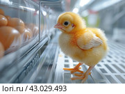 Newborn little yellow chicken in the incubator. Стоковое AI-изображение, AI-художник Ирина Михайличенко / Фотобанк Лори