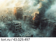 Devastating Airstrike assault burning city houses. Generate ai. Стоковое AI-изображение, AI-художник Иван Рябоконь / Фотобанк Лори