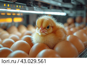 Newborn little yellow chicken in the incubator. Стоковое AI-изображение, AI-художник Ирина Михайличенко / Фотобанк Лори