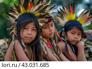 Resilient Amazonia tribe children. Generate Ai. Стоковое AI-изображение, AI-художник Иван Рябоконь / Фотобанк Лори