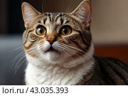 Close-up portrait of crazy surprised cat with very big eyes, looking astonished and scared. Kitten funny face large round eyes, made shocked emotion. Emotional surprised concept. Copy ad text space. Стоковое AI-изображение, AI-художник Aleksandr Golubev / Фотобанк Лори