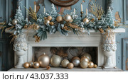 Fireplace Adorned With Gold and Silver Ornaments. Стоковое AI-изображение, AI-художник Юлия Гапеенко / Фотобанк Лори