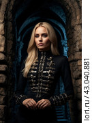 Queen of night, sexy blonde lady in black posing in dark underground room with skulls and bones in medieval castle, thought looking away. Image of Witchcraft Halloween horror concept. Copy text space. Стоковое AI-изображение, AI-художник Aleksandr Golubev / Фотобанк Лори