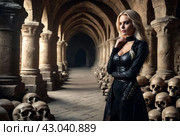 Queen of night, sexy blonde lady in black posing in dark underground room with skulls and bones in medieval castle, thought looking away. Image of Witchcraft Halloween horror concept. Copy text space. Стоковое AI-изображение, AI-художник Aleksandr Golubev / Фотобанк Лори