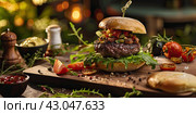A large burger with a meat patty and filling on the table with spices and ingredients. Стоковое AI-изображение, AI-художник Ярославский Максим / Фотобанк Лори