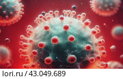 This image depicts a 3D illustration of the coronavirus, highlighting its characteristic spike proteins and structure in a red backdrop, suggesting a medical or scientific context. Стоковое AI-видео, аниматор Lena Bereberdina / Фотобанк Лори