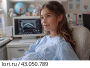 Pregnant woman at the doctor s appointment. A woman expecting a baby visits a doctor s office, examination during pregnancy, ultrasound. World Pregnancy Day. Стоковое AI-изображение, AI-художник Ирина Михайличенко / Фотобанк Лори