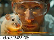 Scientist with laboratory rat on blurred background, closeup. Animal testing. Стоковое AI-изображение, AI-художник Евгений Харитонов / Фотобанк Лори