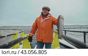 A happy smiling angler holds a trout he just caught. Winter's Bounty: Fresh Trout Harvest in Snowy Aquaculture Farm. Стоковое видео, видеограф Даниил Хабаров / Фотобанк Лори