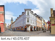 Krajinske and Hroznova streets. Ceske Budejovice, Czech Republic (2018 год). Редакционное фото, фотограф Belikart / Фотобанк Лори