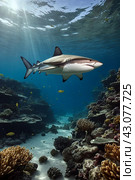 Blacktip ocean shark swimming in tropical underwaters. Sharks in underwater world. Observation of animal world. Scuba diving adventure in South Africa coast of RSA. Стоковое AI-изображение, AI-художник Aleksandr Golubev / Фотобанк Лори