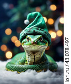 Cute green snake, symbol of 2025 according to the eastern calendar. The snake symbolizes wisdom, vitality, immortality, and healing powers. New Year card. Стоковое AI-изображение, AI-художник Сергей Елизарьев / Фотобанк Лори