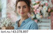 Beautiful Young Woman Holding Delicate Spring Flowers, ai-generated item. Стоковое AI-изображение, AI-художник Юлия Паутова / Фотобанк Лори