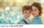 Mother and Son Enjoying Golden Hour in Flower Field, ai-generated item. Стоковое AI-изображение, AI-художник Юлия Паутова / Фотобанк Лори