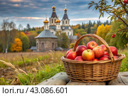 The concept of the Russian Orthodox holiday yablochny spas. A beautiful wicker basket made of vines with red ripe apples on the background of an Orthodox church. Стоковое AI-изображение, AI-художник Photojuli / Фотобанк Лори