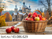 The concept of the Russian Orthodox holiday yablochny spas. A beautiful wicker basket made of vines with red ripe apples on the background of an Orthodox church. Стоковое AI-изображение, AI-художник Photojuli / Фотобанк Лори