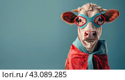Cow Wearing Glasses and Red Cape. Стоковое AI-изображение, AI-художник Юлия Гапеенко / Фотобанк Лори