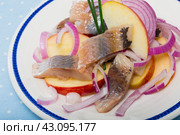 Slices of mild-cured herring with fried potatoes and onions served. Стоковое фото, фотограф Яков Филимонов / Фотобанк Лори