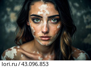 Leukoderma. Vitiligo. Violation of skin pigmentation. Large white spots all over the body and face. Portrait of a beautiful girl with a skin disease. Стоковое AI-изображение, AI-художник Photojuli / Фотобанк Лори