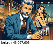Респектабельный мужчина средних лет в классическом костюме сидит в пабе за бокалом превосходного виски. На заднем плане видна очаровательная молодая девушка. Стоковое AI-изображение, AI-художник Сергей Сергеев / Фотобанк Лори