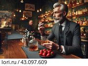 Галантный, ухоженный мужчина средних лет с седыми волосами в классическом костюме сидит в пабе за бокалом превосходного виски. Стоковое AI-изображение, AI-художник Сергей Сергеев / Фотобанк Лори